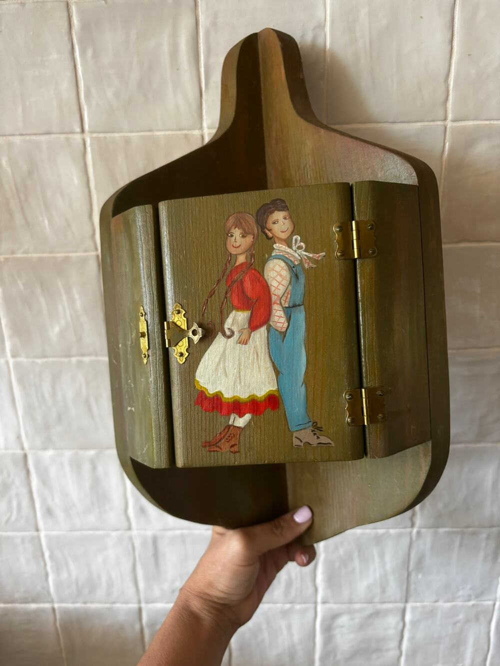 Vintage Scandinavian Folk Art Wall Cabinet Hand Painted Boy Girl Wood Cabinet
